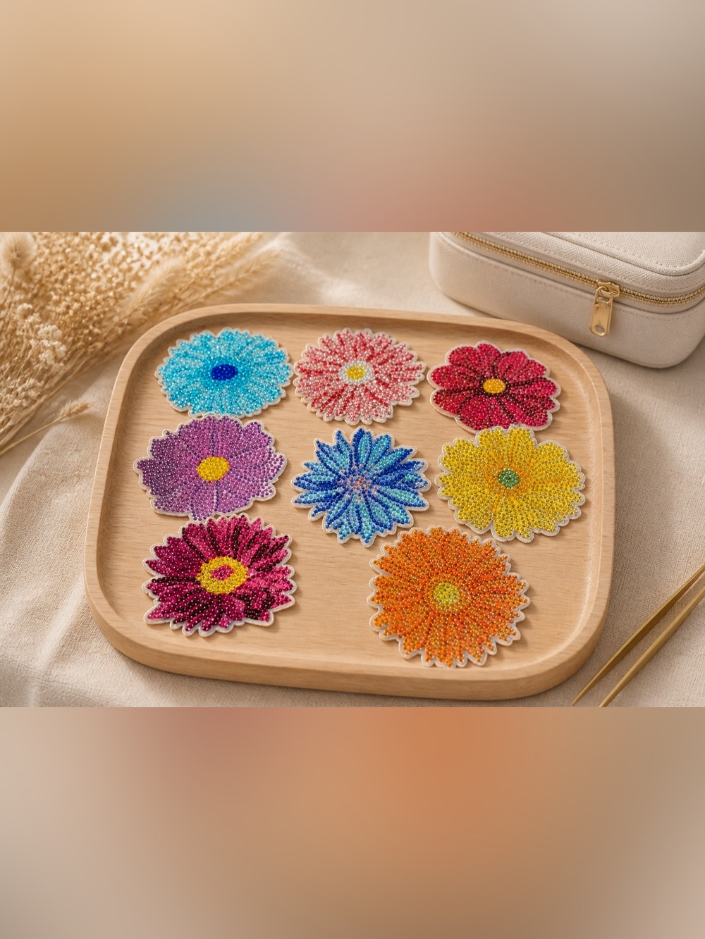 8 Piece Colorful Beaded Flower Coasters Set with Stand